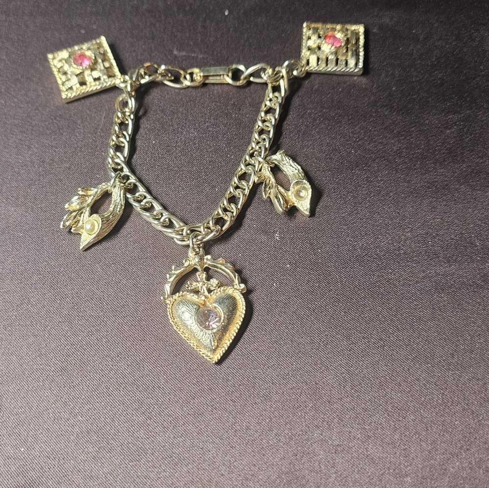 Vintage Gold Tone Charm Bracelet | Heart Crown & Rhinestone Charms